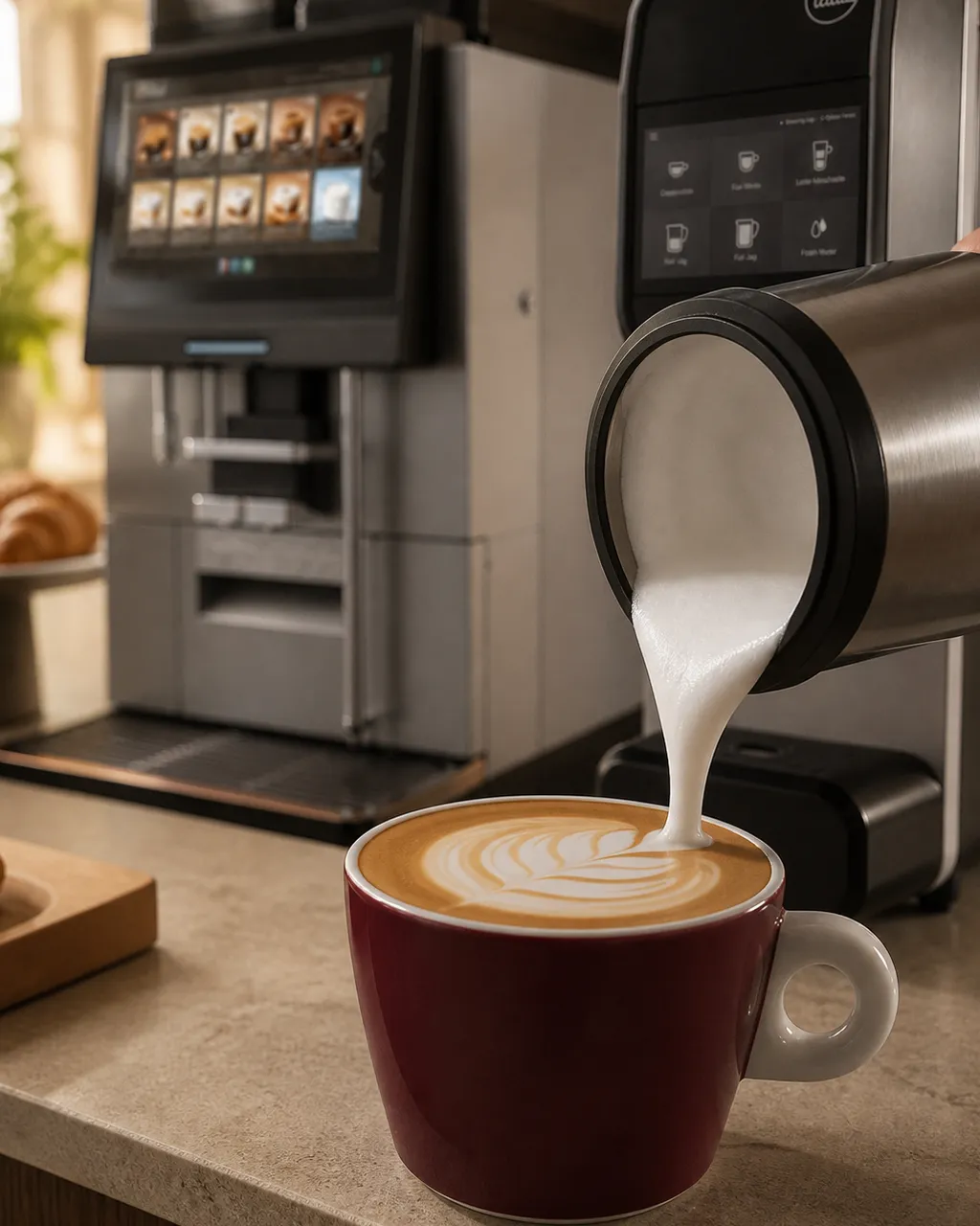 Mousse de lait versée dans une tasse cappuccino Héritage, avec machine Astra en arrière-plan