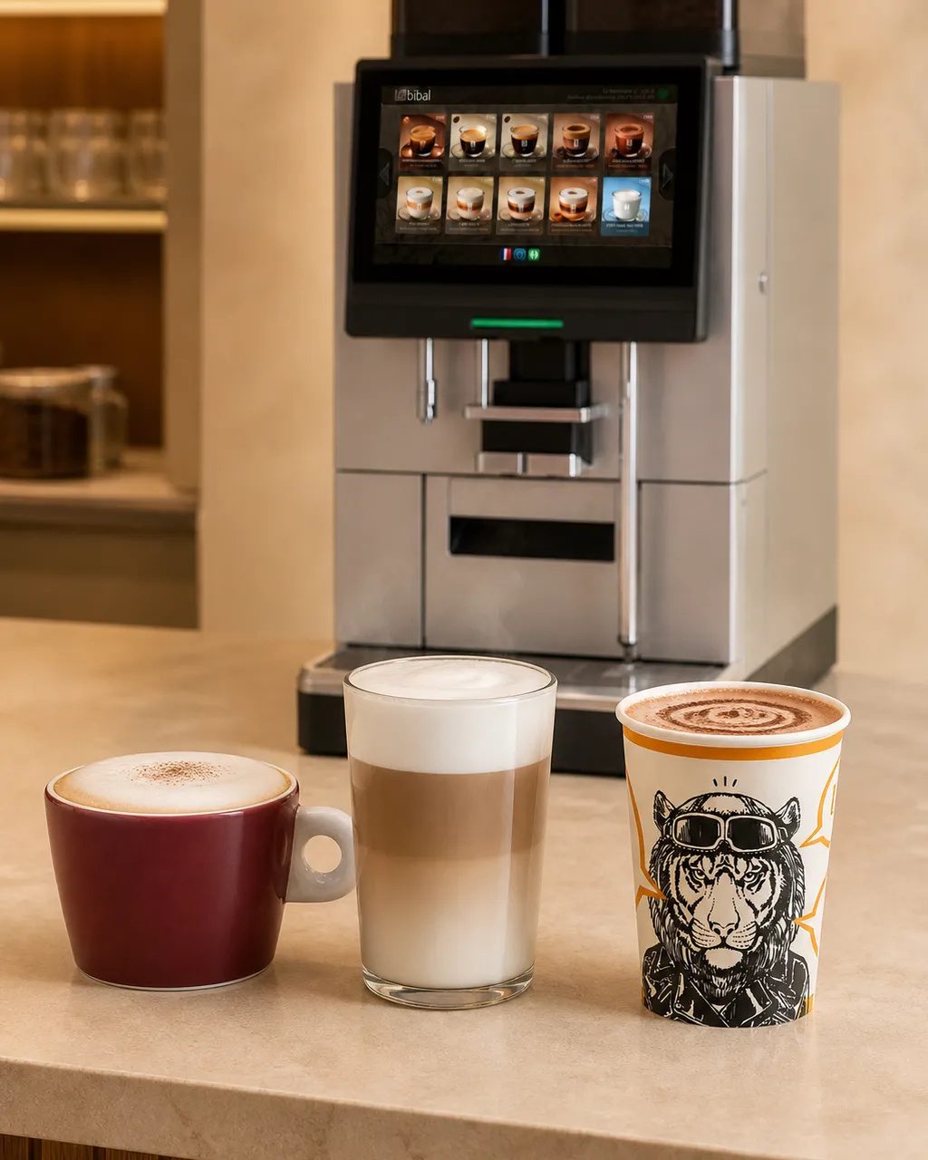 Cappuccino, latté et chocolat alignés devant la machine Astra