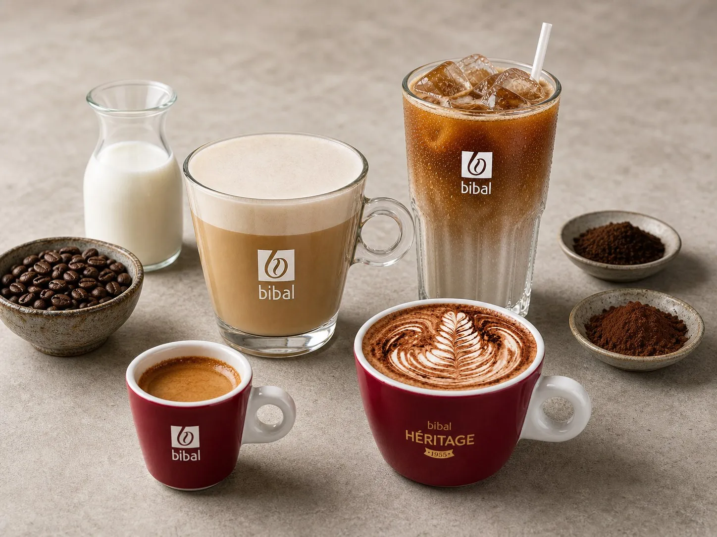 Composition des produits Bibal : lait, grains, cacao et chocolat en poudre autour des boissons servies en vaisselle Bibal