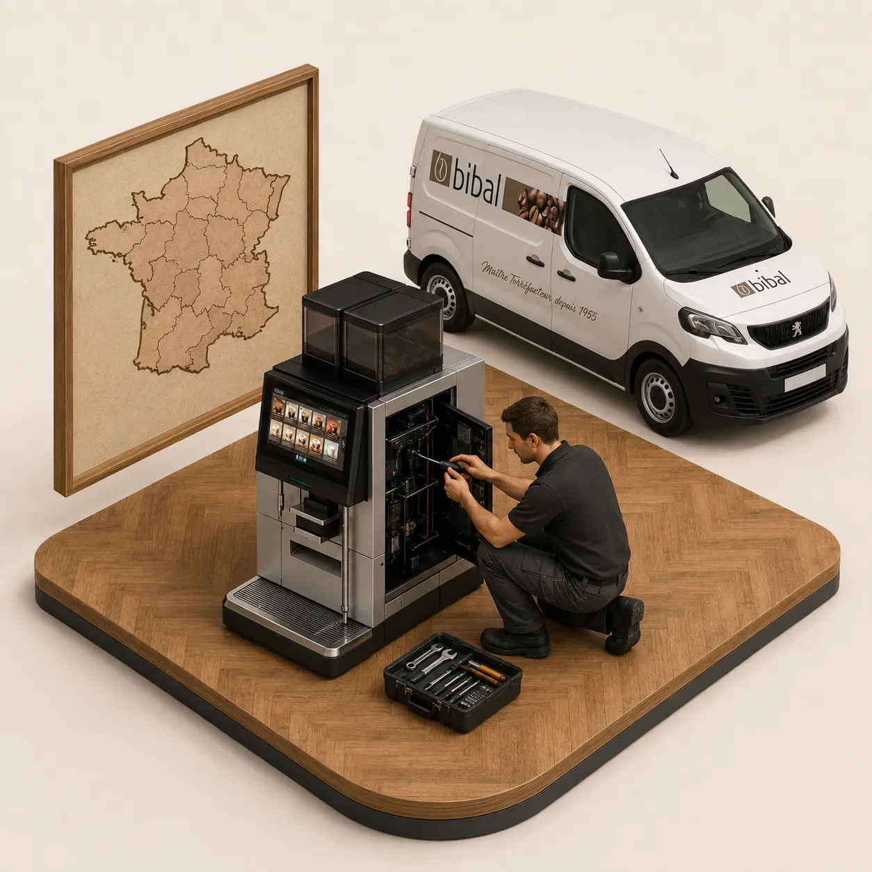 Illustration 3D isométrique : technicien Bibal en maintenance préventive sur une machine Astra, avec véhicule de service et carte du maillage régional