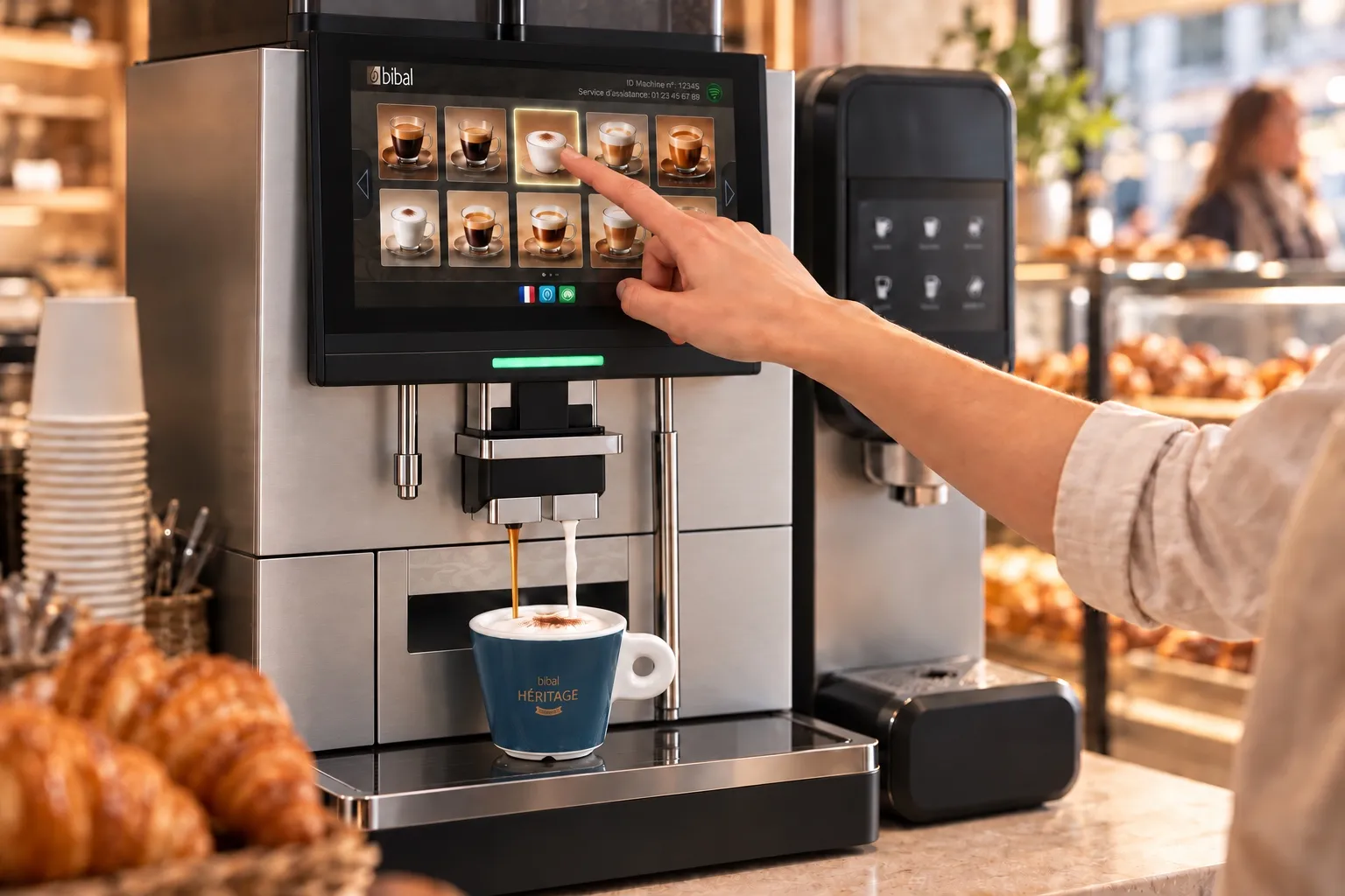 Au comptoir d'une boulangerie, une vendeuse appuie du doigt sur la boisson choisie à l'écran de la machine Smart Barista pendant qu'un cappuccino coule dans la tasse posée dessous