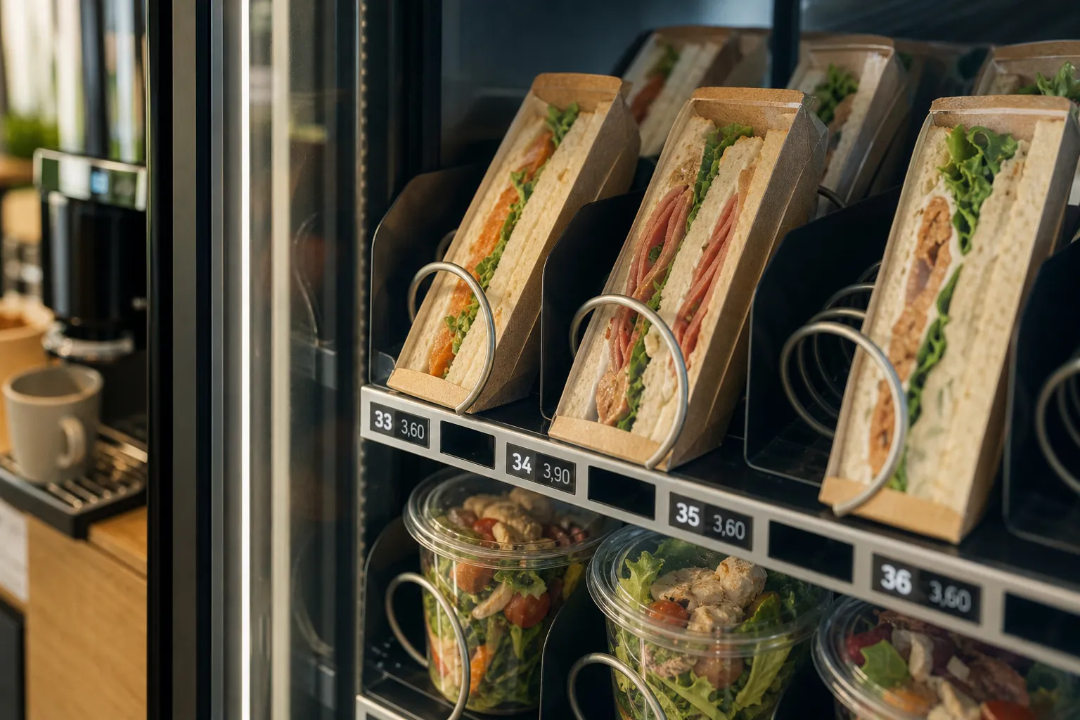 Distributeur à spirales garni de sandwichs et salades fraîches
