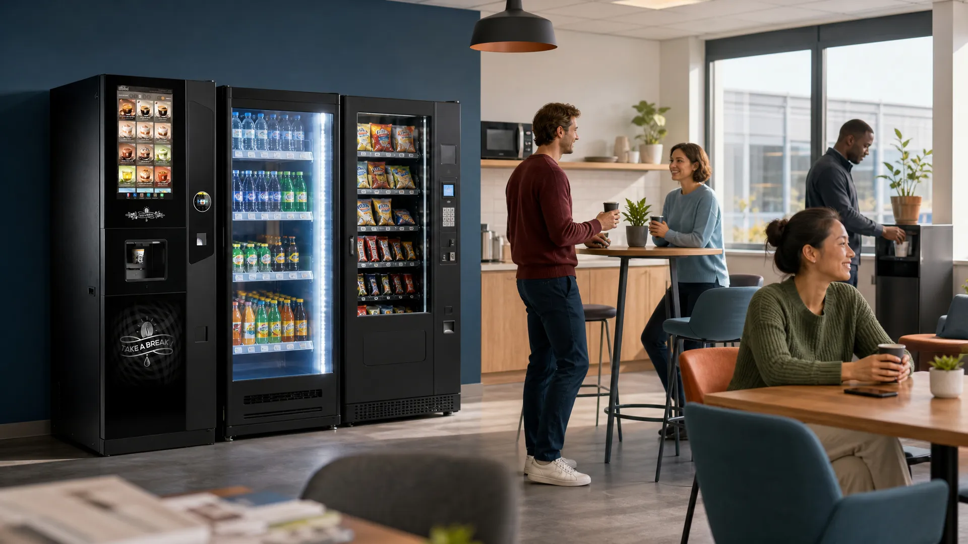 Salle de pause complète aménagée par Bibal : batterie de distributeurs chaud, froid et snacking, tables mange-debout, fontaine à eau
