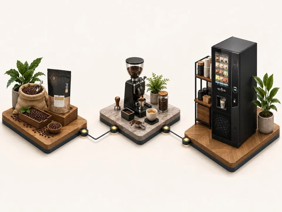 Illustration isométrique du café Bibal : du torréfacteur aux grains fraîchement moulus puis au gobelet servi par la machine