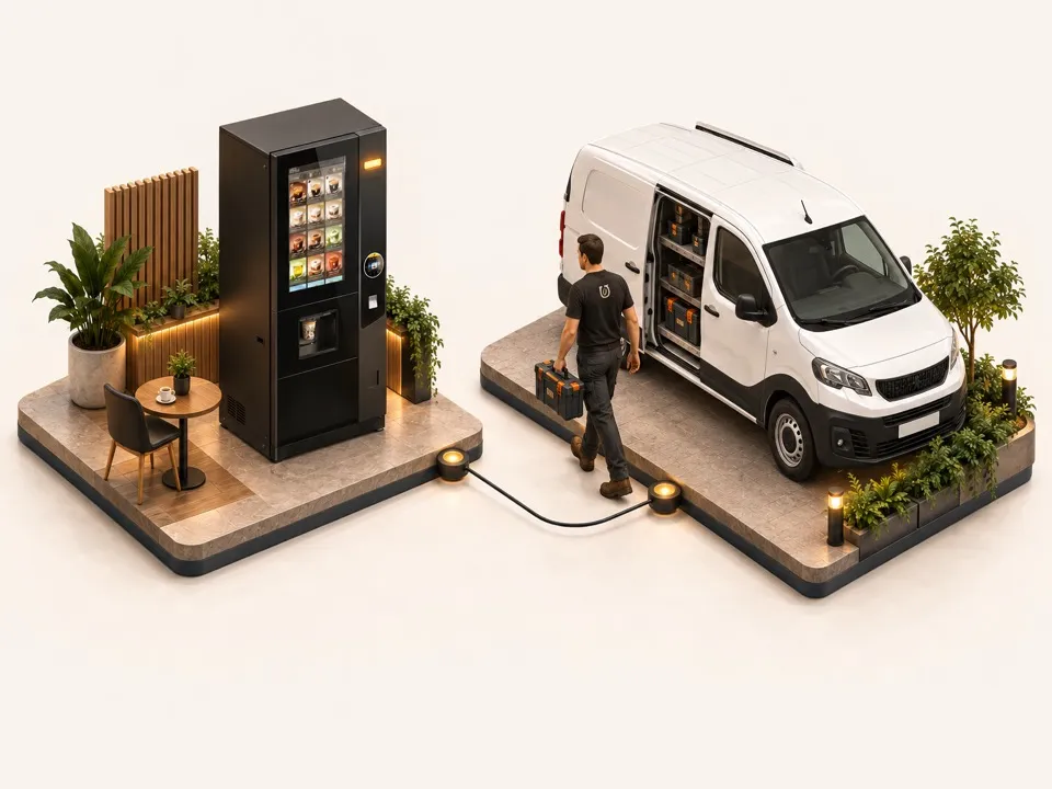 Illustration isométrique d'une machine connectée envoyant une alerte à un technicien Bibal déjà en route, de nuit