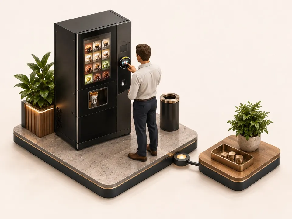 Illustration isométrique d'un salarié badgant devant une machine à café, avec une contribution employeur qui protège le prix