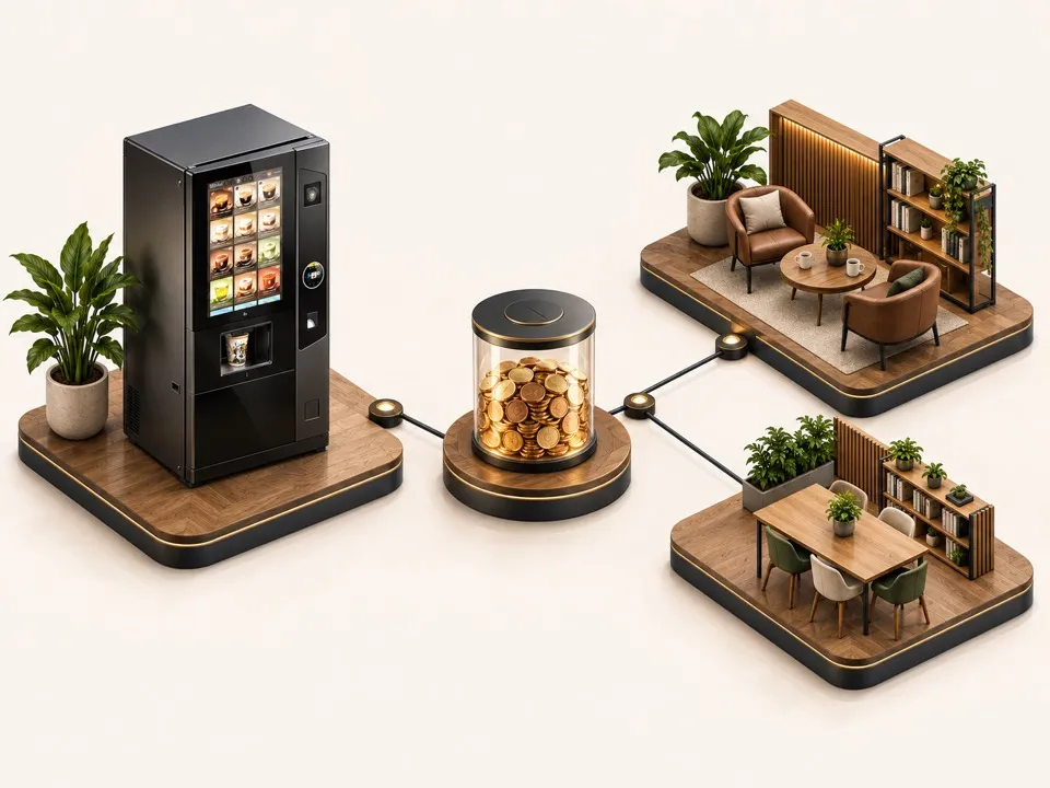 Illustration isométrique de la redevance de la machine alimentant un fonds transparent puis des projets collectifs