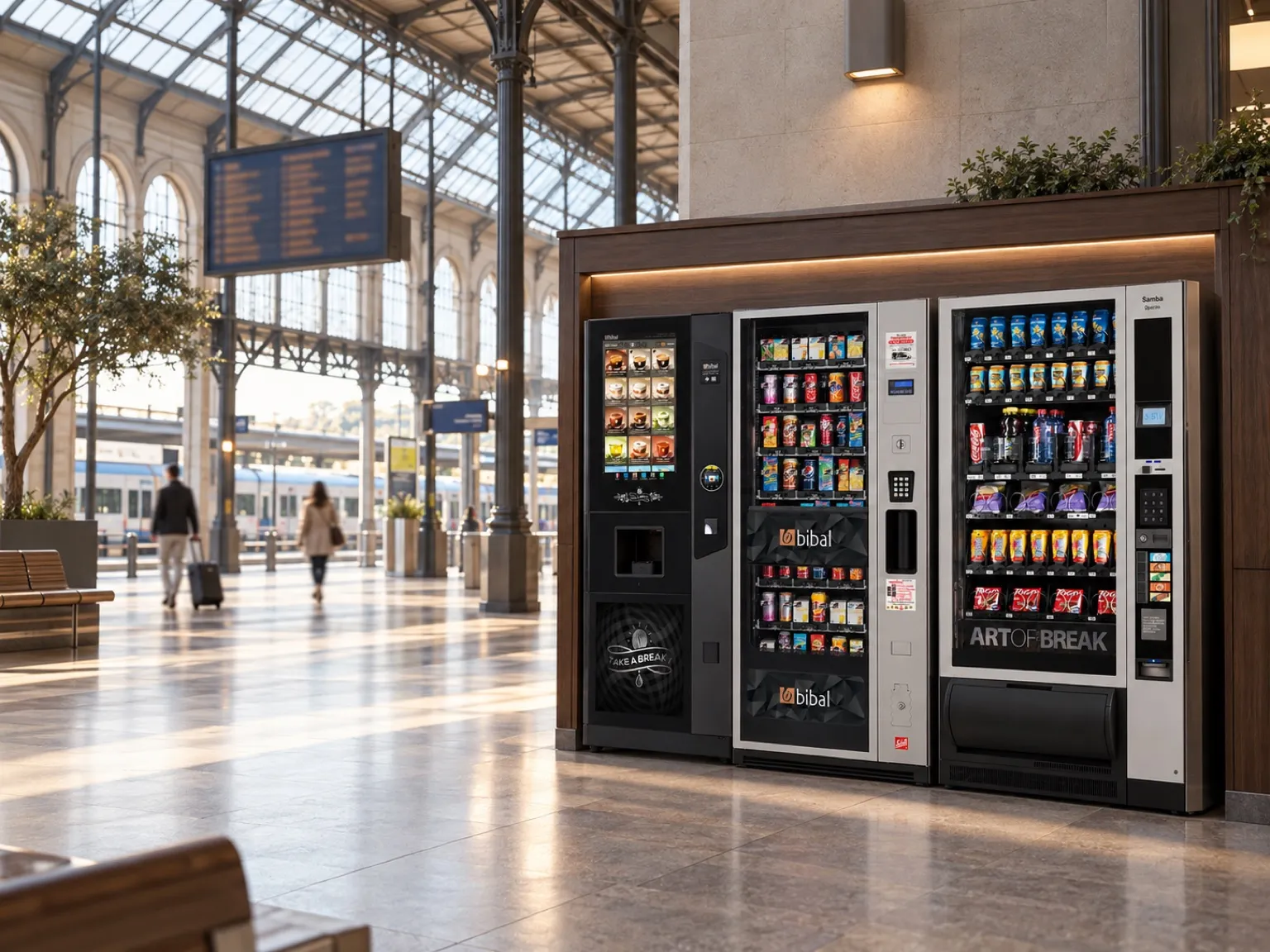 Hall vitré d'une gare régionale avec trois distributeurs Smart Vending intégrés à l'architecture