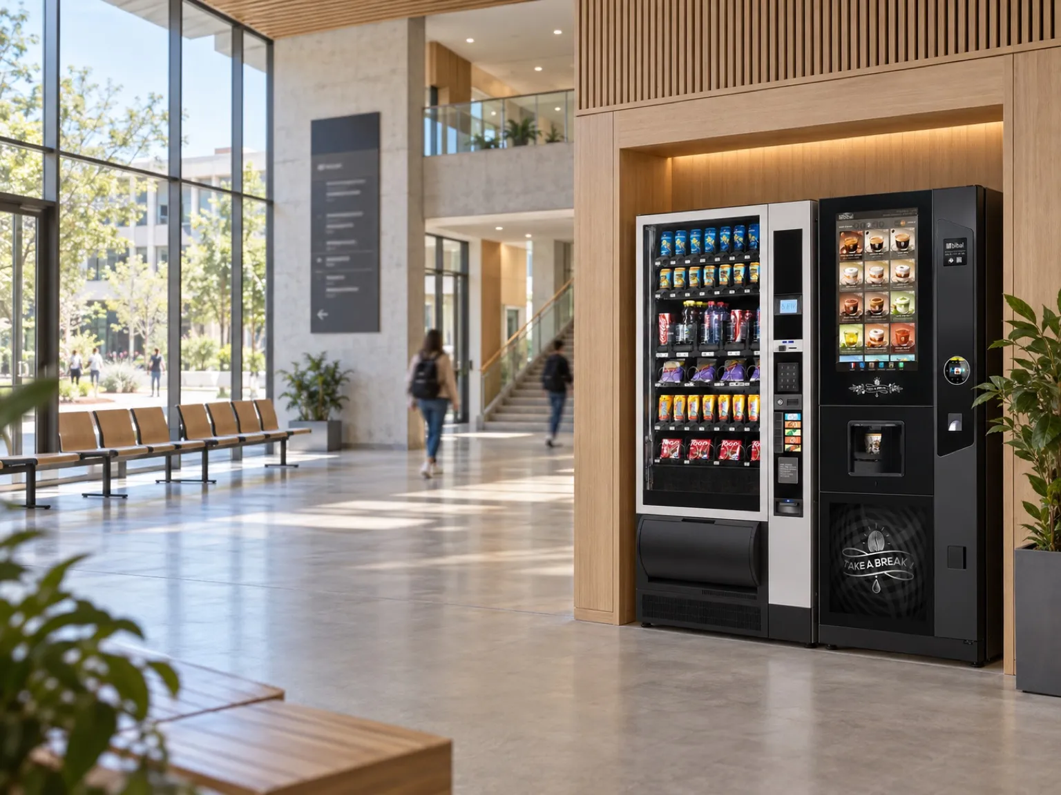 Hall lumineux d'un campus contemporain avec deux distributeurs Smart Vending intégrés dans une alcôve en bois
