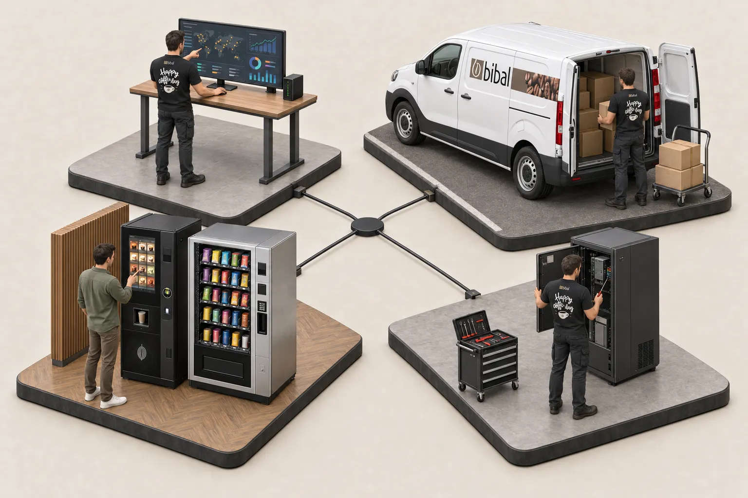 Illustration 3D isométrique du concept Smart Vending en quatre scènes reliées : utilisation des distributeurs et paiement sans contact, reporting, approvisionnement en véhicule Bibal et réassort par un technicien
