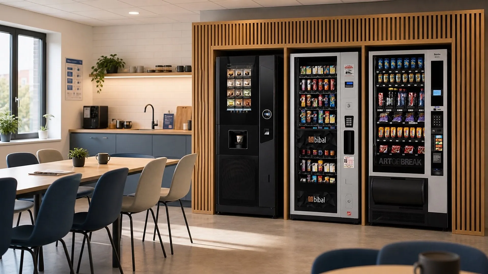 Salle de pause d'entreprise équipée Smart Vending : distributeur de café Nova Smart, distributeur de snacking et distributeur de boissons fraîches dans un habillage bois, tables et chaises au premier plan
