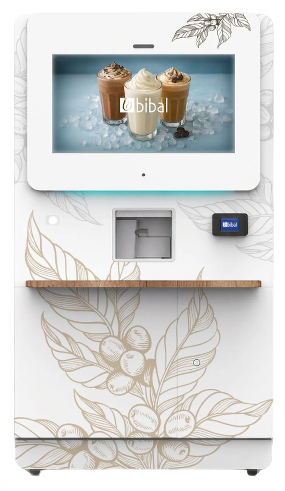 Distributeur Barista Express habillé Bibal : grand écran tactile affichant trois boissons frappées, plateau bois, terminal de paiement sans contact