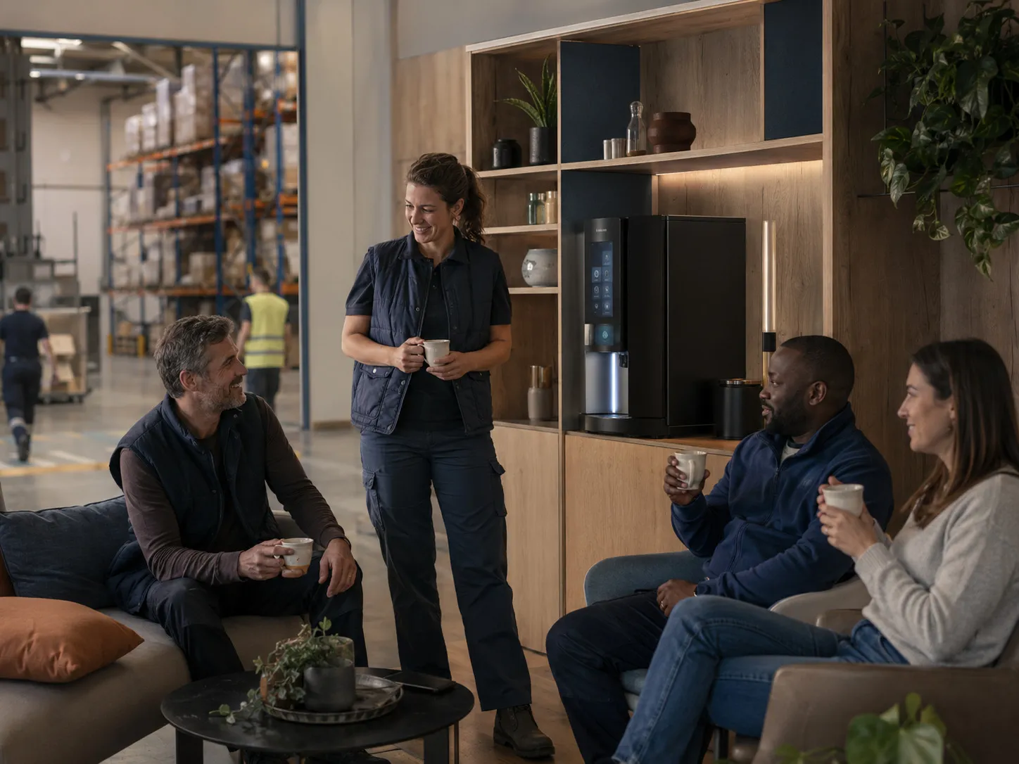Distributeur Smart Vending dans un hall logistique, salariés en tenue se servant un café