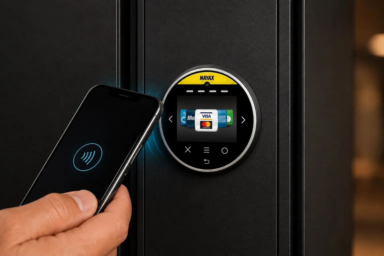 Très gros plan sur un smartphone présenté devant le lecteur sans contact Nayax de la machine Nova Smart