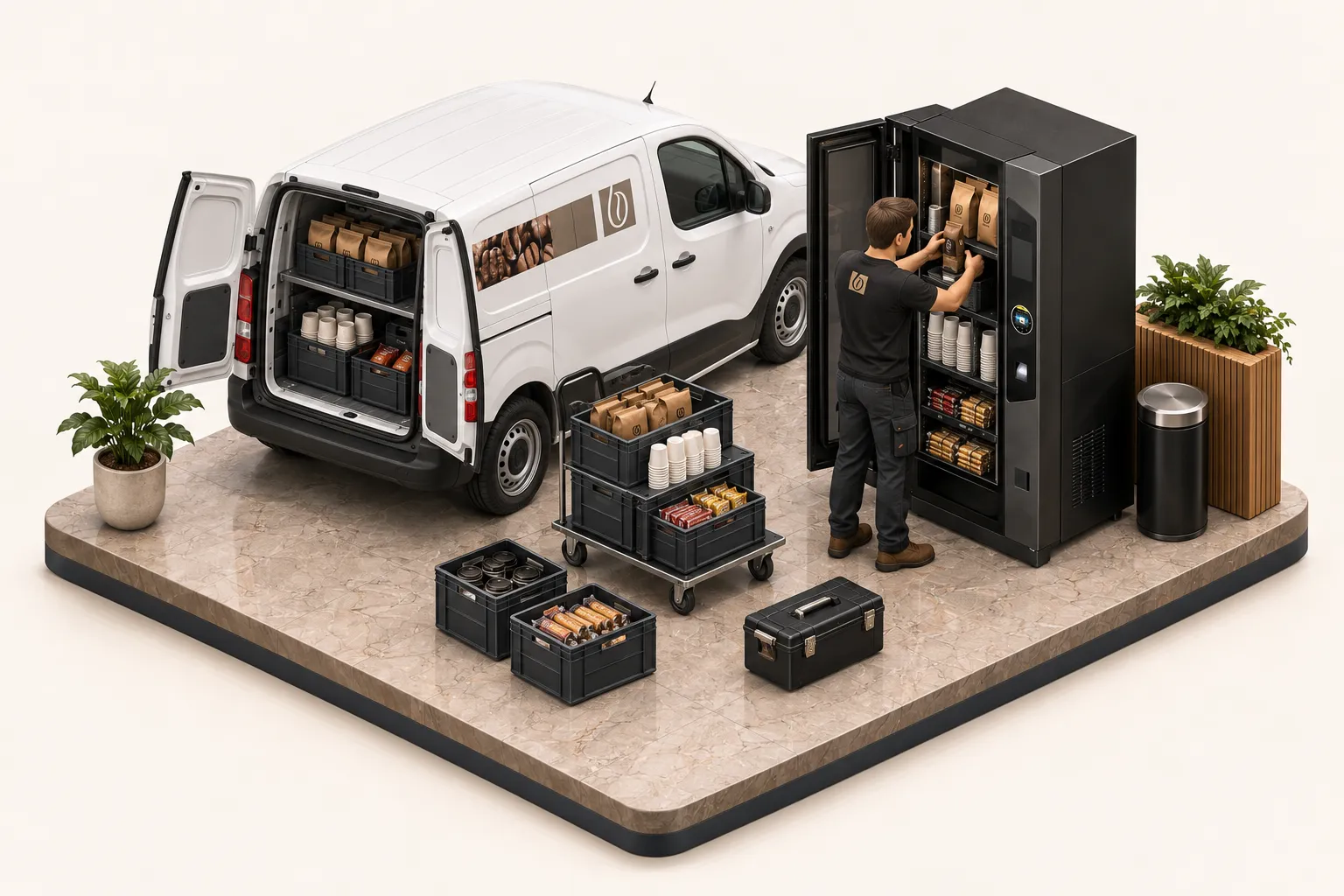 Illustration 3D isométrique : approvisionneur Bibal et son utilitaire rechargeant le distributeur en café et snacking