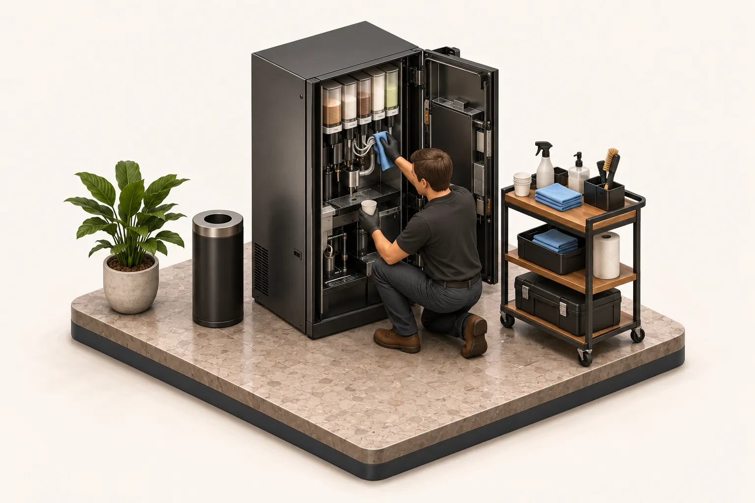 Illustration 3D isométrique : technicien nettoyant les circuits du distributeur, tasse témoin de contrôle qualité