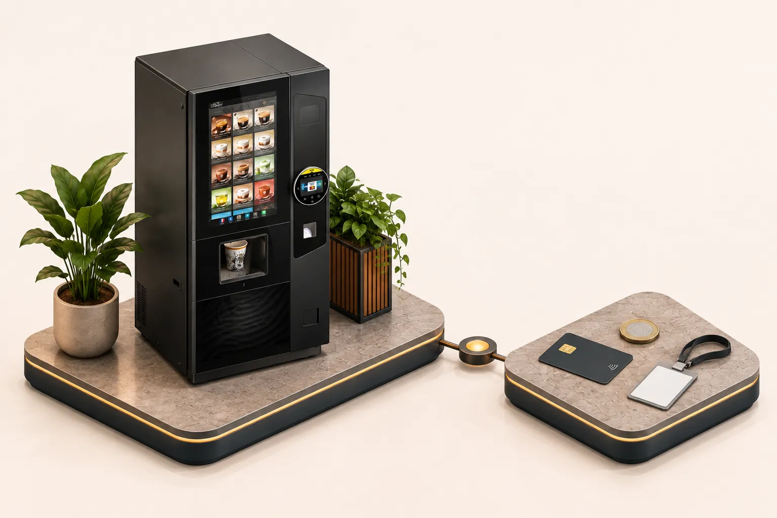 Illustration 3D isométrique : terminal de paiement du distributeur avec carte sans contact, pièces et badge
