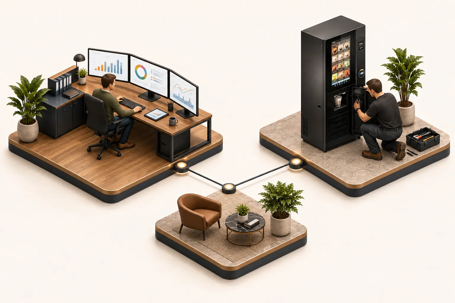 Illustration 3D isométrique : rapport de volumes et disponibilité remis au client devant le distributeur